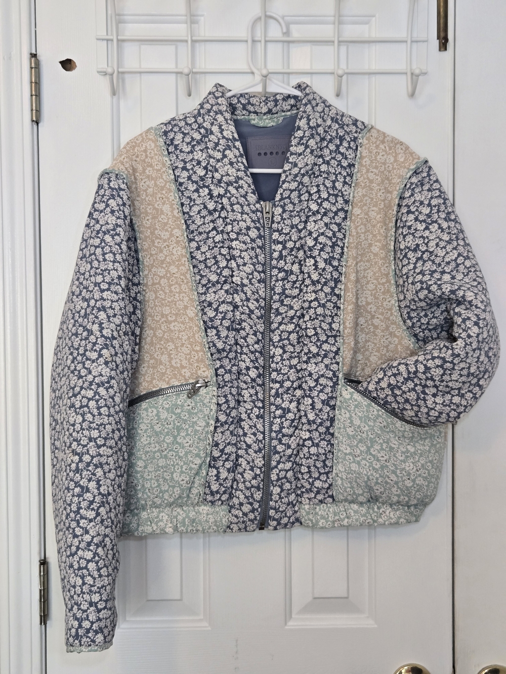 Blank NYC Floral Patchwork Quilted Bomber Puffer Boho Cottagecore Jacket Size L